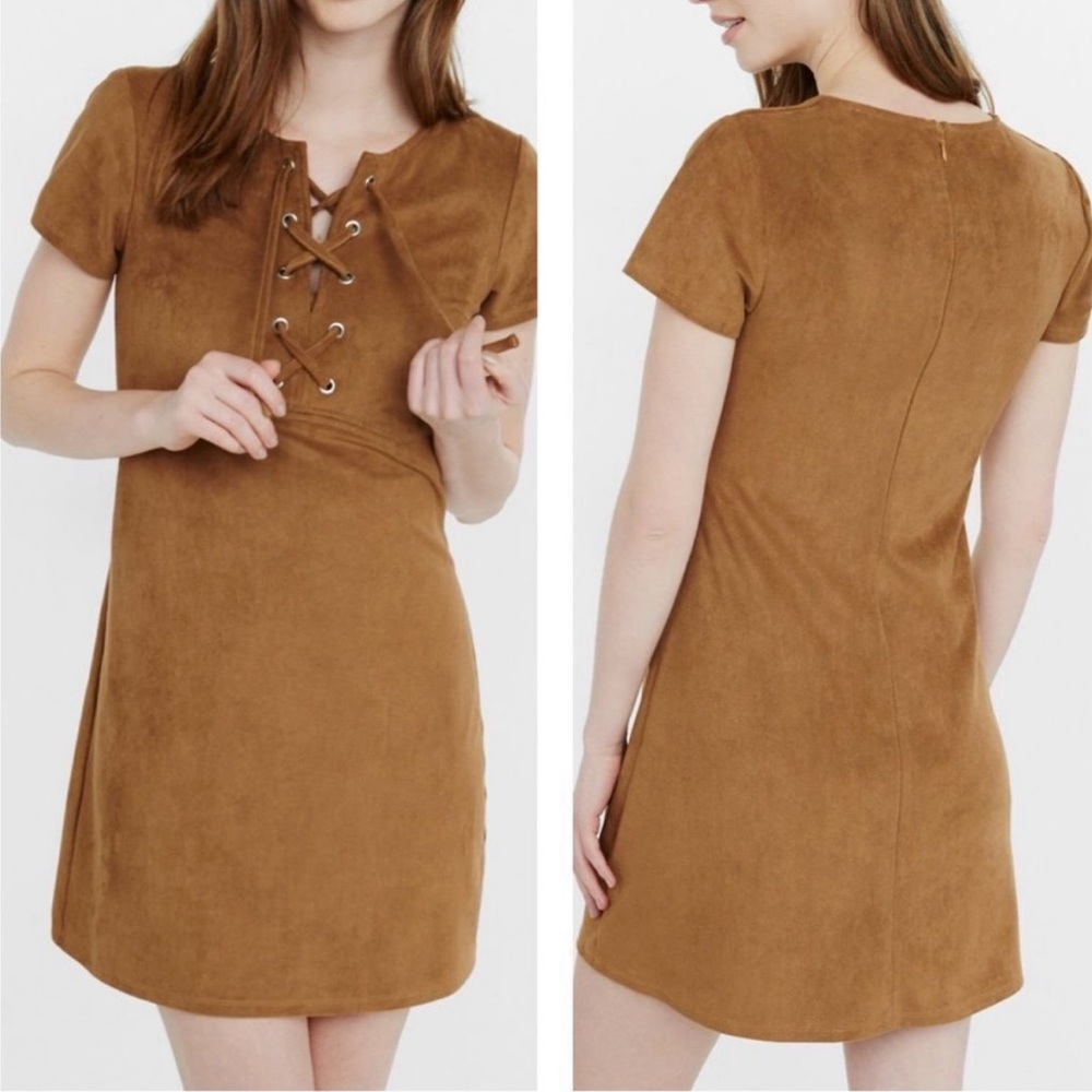 Express Brown Faux Suede Lace Up Mini Dress New